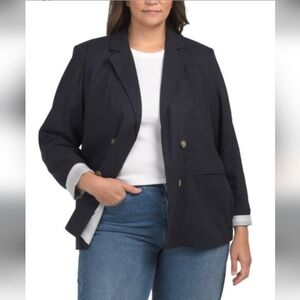 Tahari Linen Viscose Lined Open Front Button Blazer Navy Blue Jacket NWT
